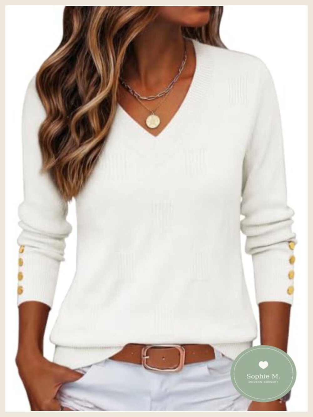 Women's V-Neck Long Sleeve Lightweight Button Cuff Knit Sweater